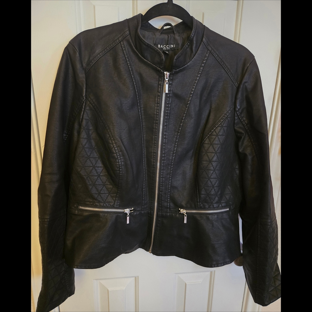 Baccini Black Faux Vegan Leather Quilted Moto Jacket Edgy Biker Girl XLP EUC